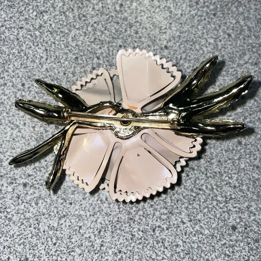 Vintage Gold Tone Metal Flowers Faux Pearl Large 3D Brooch Estate Statement
